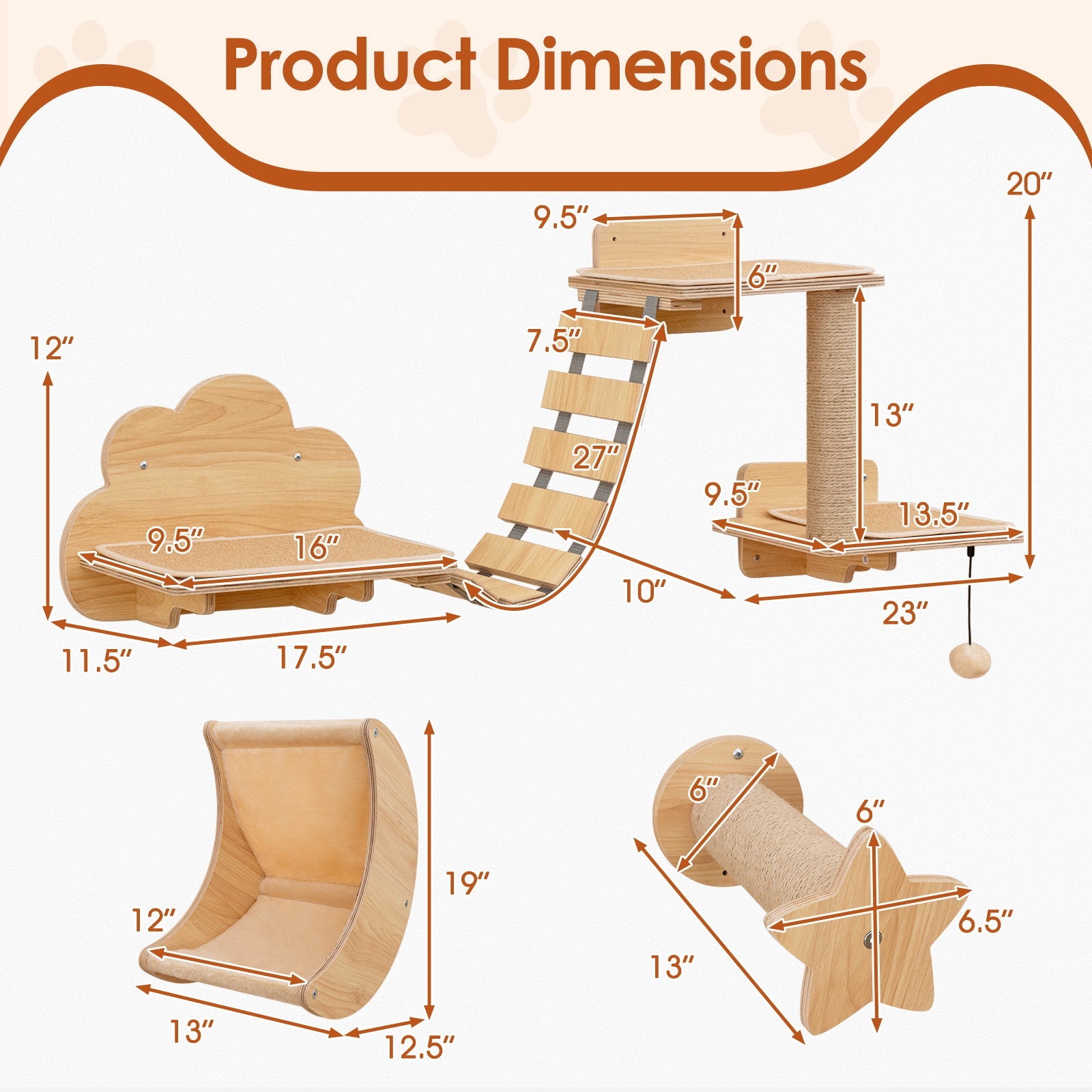 Shelves with Hammock Set - Cat - (Wall Mounted) - (6 Pcs) - (Solid Plywood)