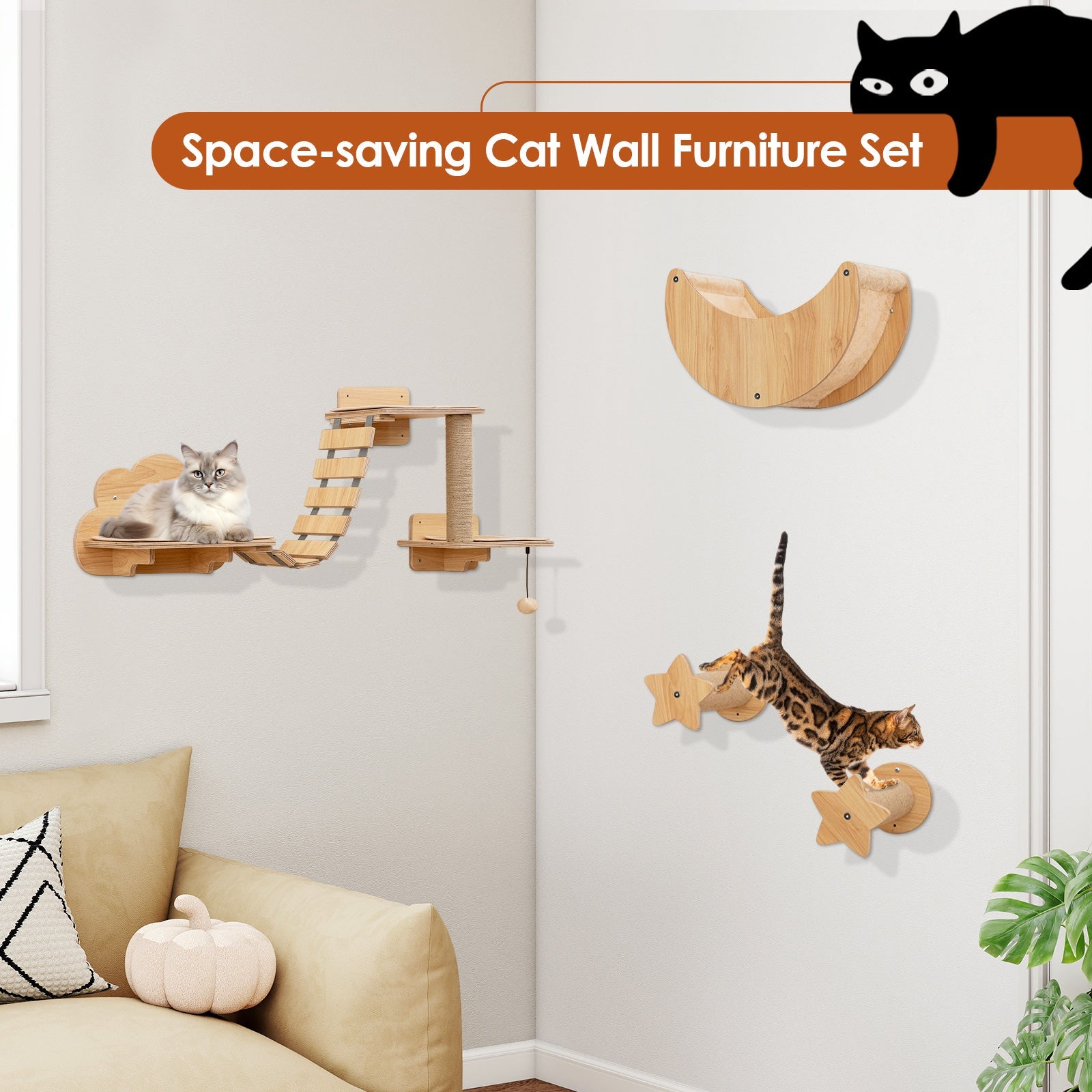 Shelves with Hammock Set - Cat - (Wall Mounted) - (6 Pcs) - (Solid Plywood)