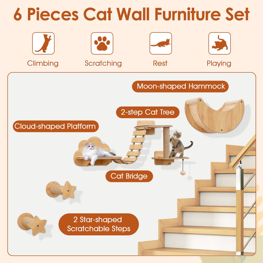Shelves with Hammock Set - Cat - (Wall Mounted) - (6 Pcs) - (Solid Plywood)