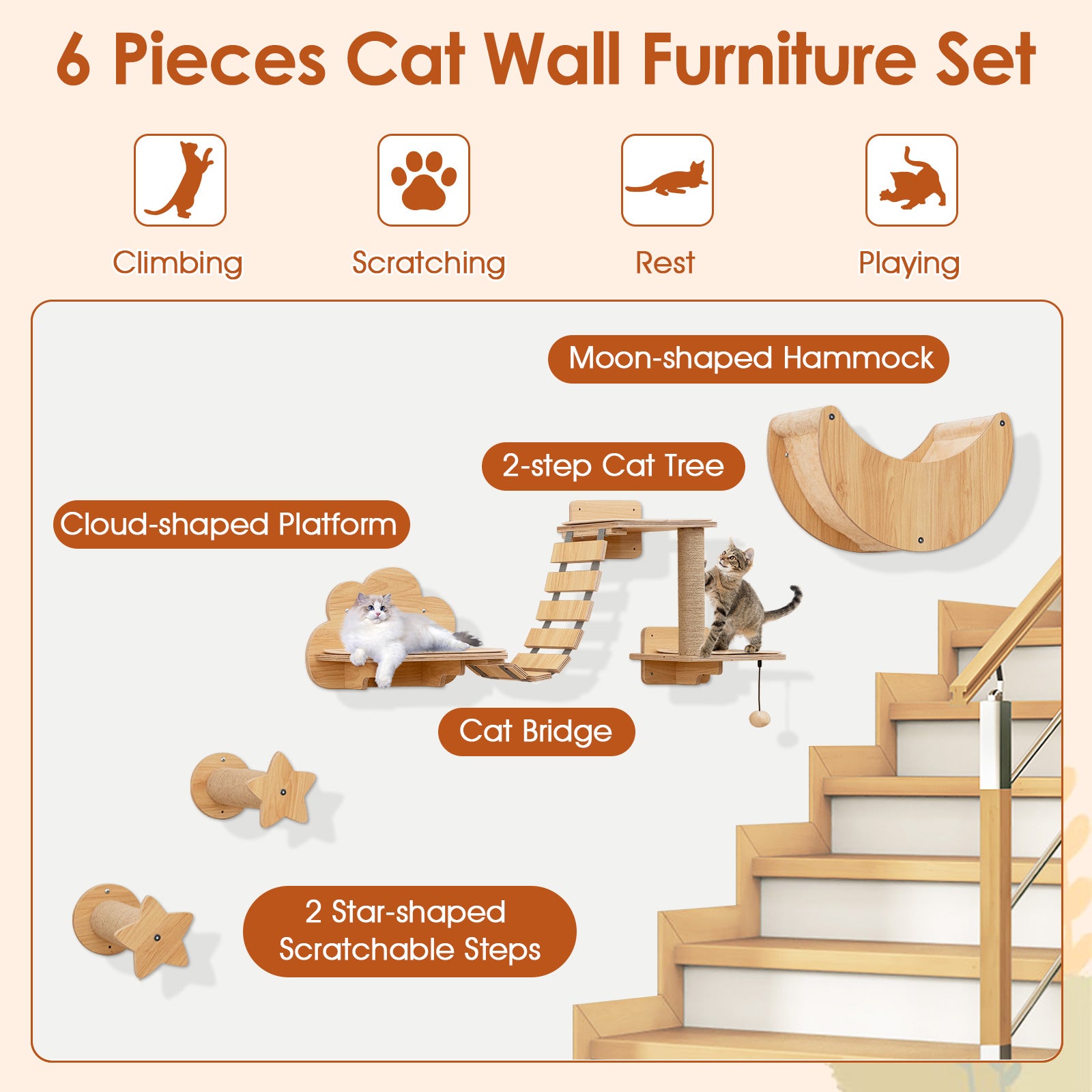 Shelves with Hammock Set - Cat - (Wall Mounted) - (6 Pcs) - (Solid Plywood)