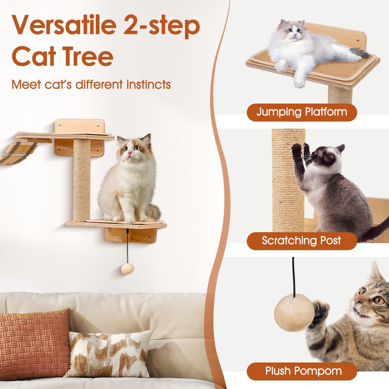 Shelves with Hammock Set - Cat - (Wall Mounted) - (6 Pcs) - (Solid Plywood)