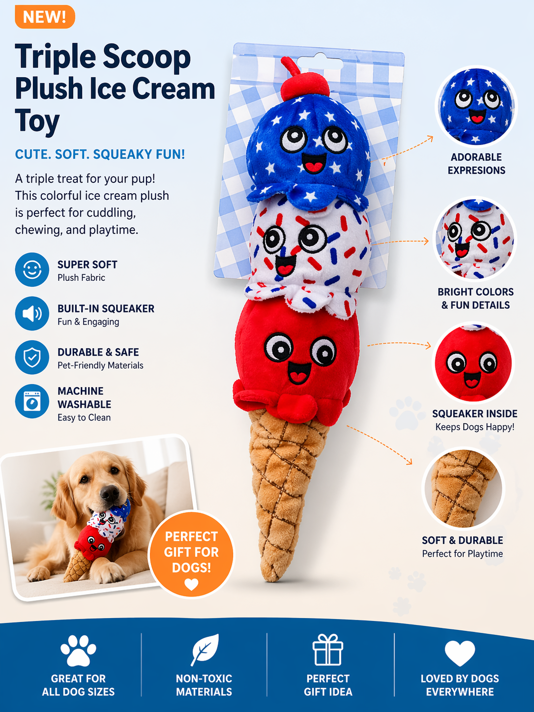 Cute Squeaky Plush and Patriotic Ice Cream Cone Dog Toy