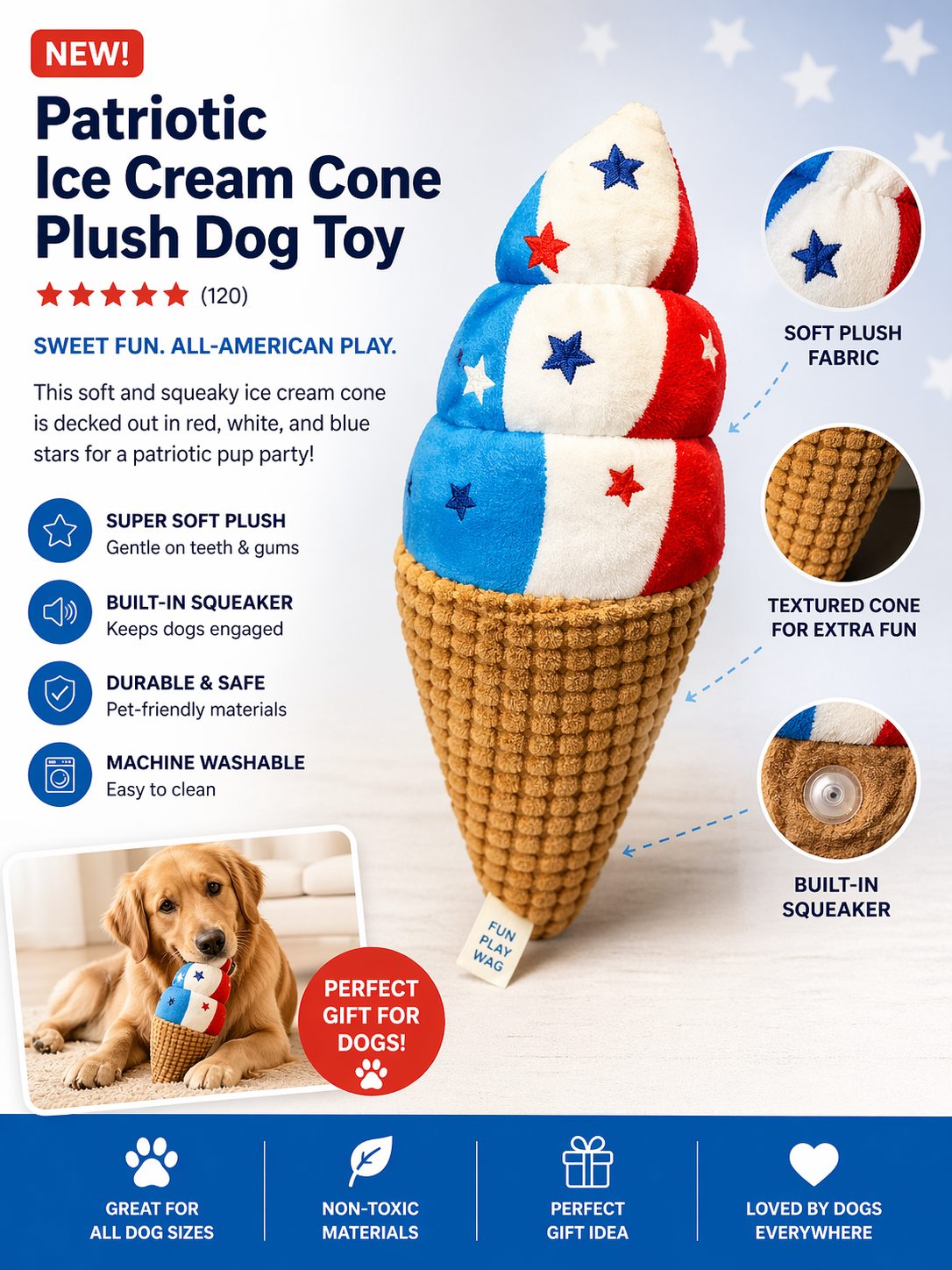 Squeaky Plush Patriotic Ice Cream Cone Dog Toy