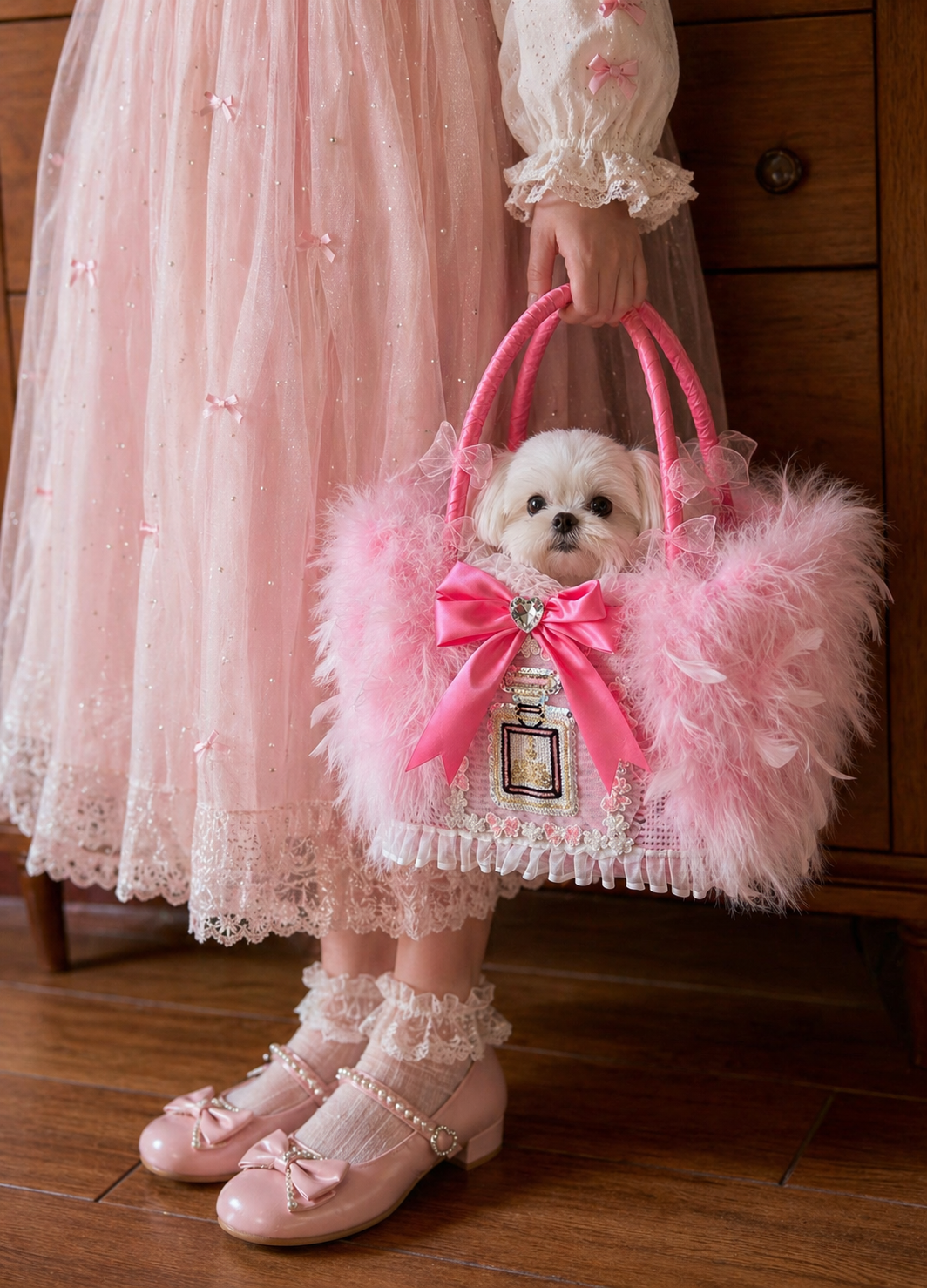 Luxury Feather Pet Carrier Bag with Bow & Crystal Charm - Princess Dog Cat - (Pink) - (Faux Fur) - (While Supplies Last)