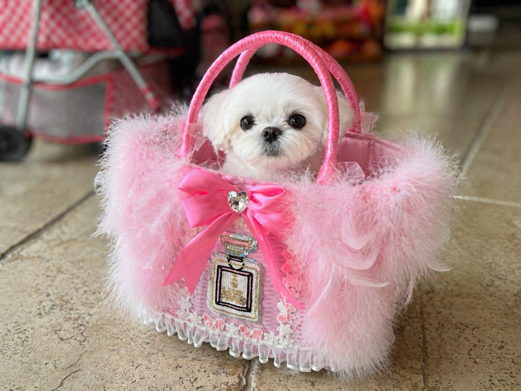 Luxury Feather Pet Carrier Bag with Bow & Crystal Charm - Princess Dog Cat - (Pink) - (Faux Fur) - (While Supplies Last)