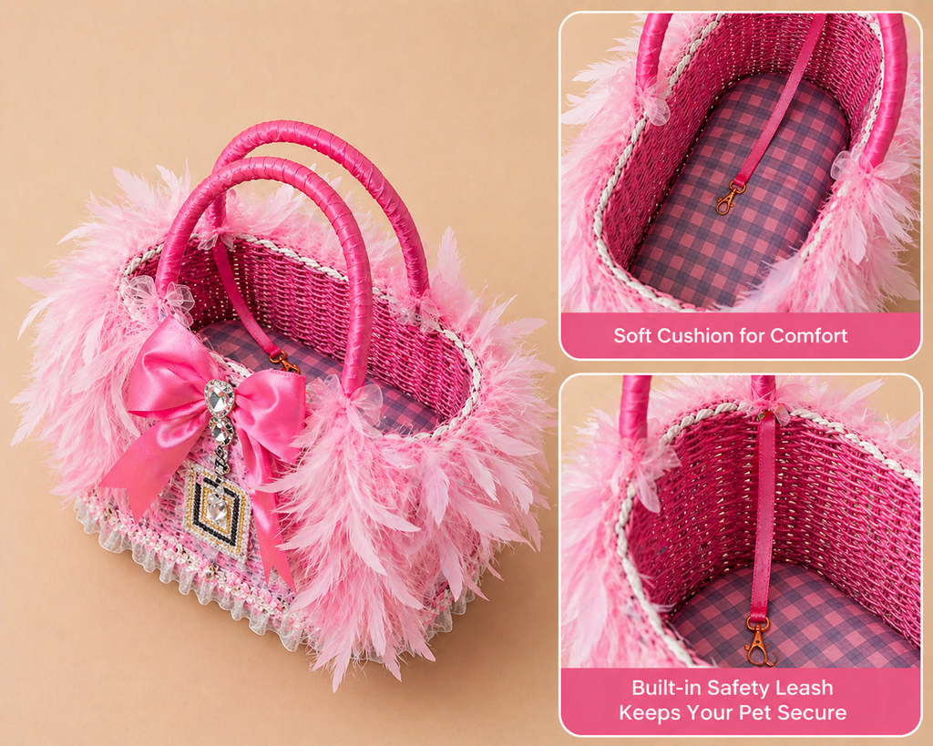 Luxury Feather Pet Carrier Bag with Bow & Crystal Charm - Princess Dog Cat - (Pink) - (Faux Fur) - (While Supplies Last)