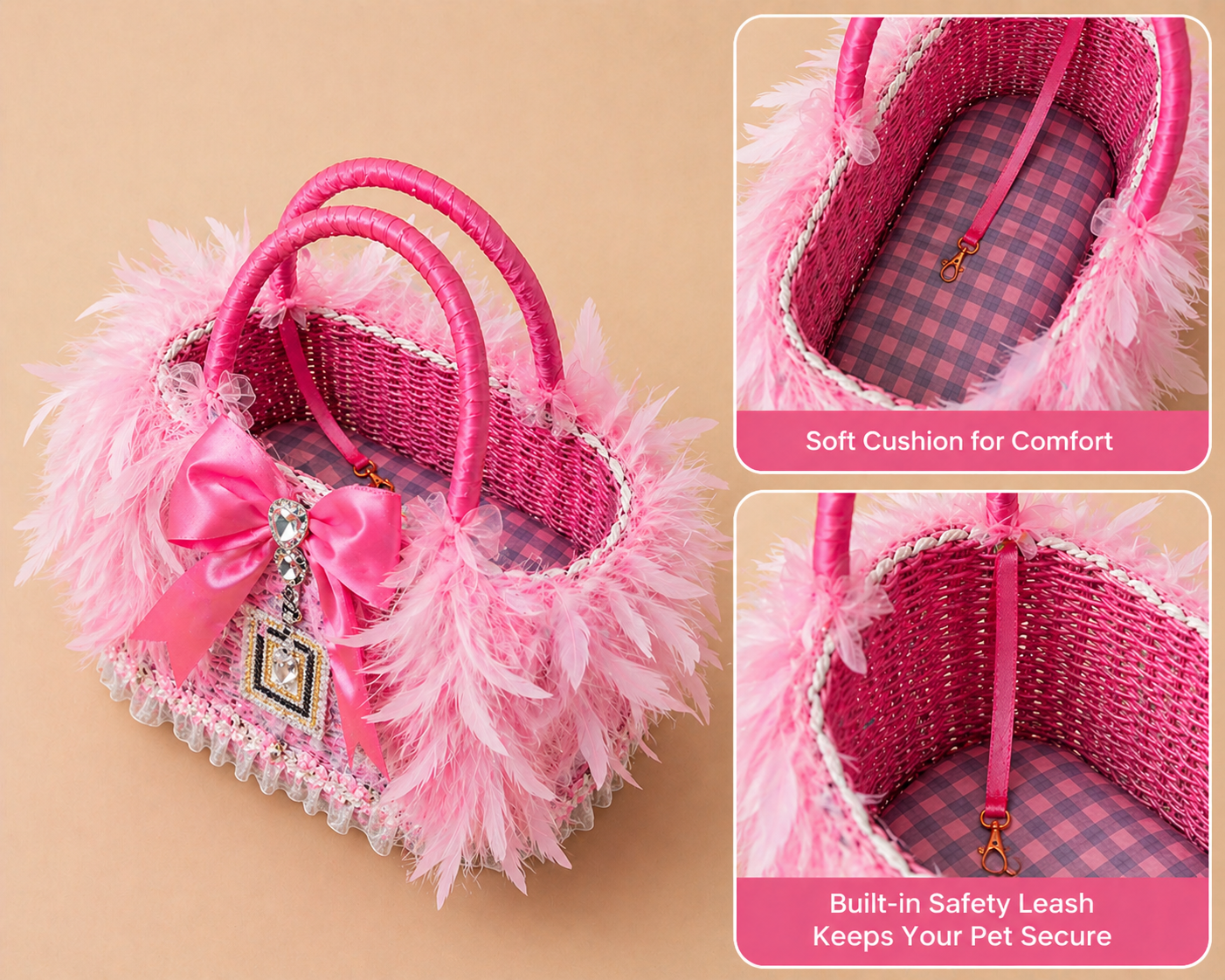 Luxury Feather Pet Carrier Bag with Bow & Crystal Charm - Princess Dog Cat - (Pink) - (Faux Fur) - (While Supplies Last)