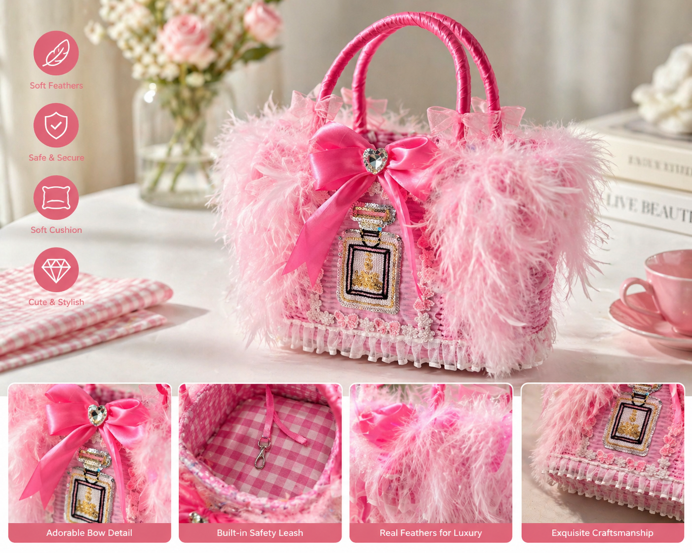 Luxury Feather Pet Carrier Bag with Bow & Crystal Charm - Princess Dog Cat - (Pink) - (Faux Fur) - (While Supplies Last)