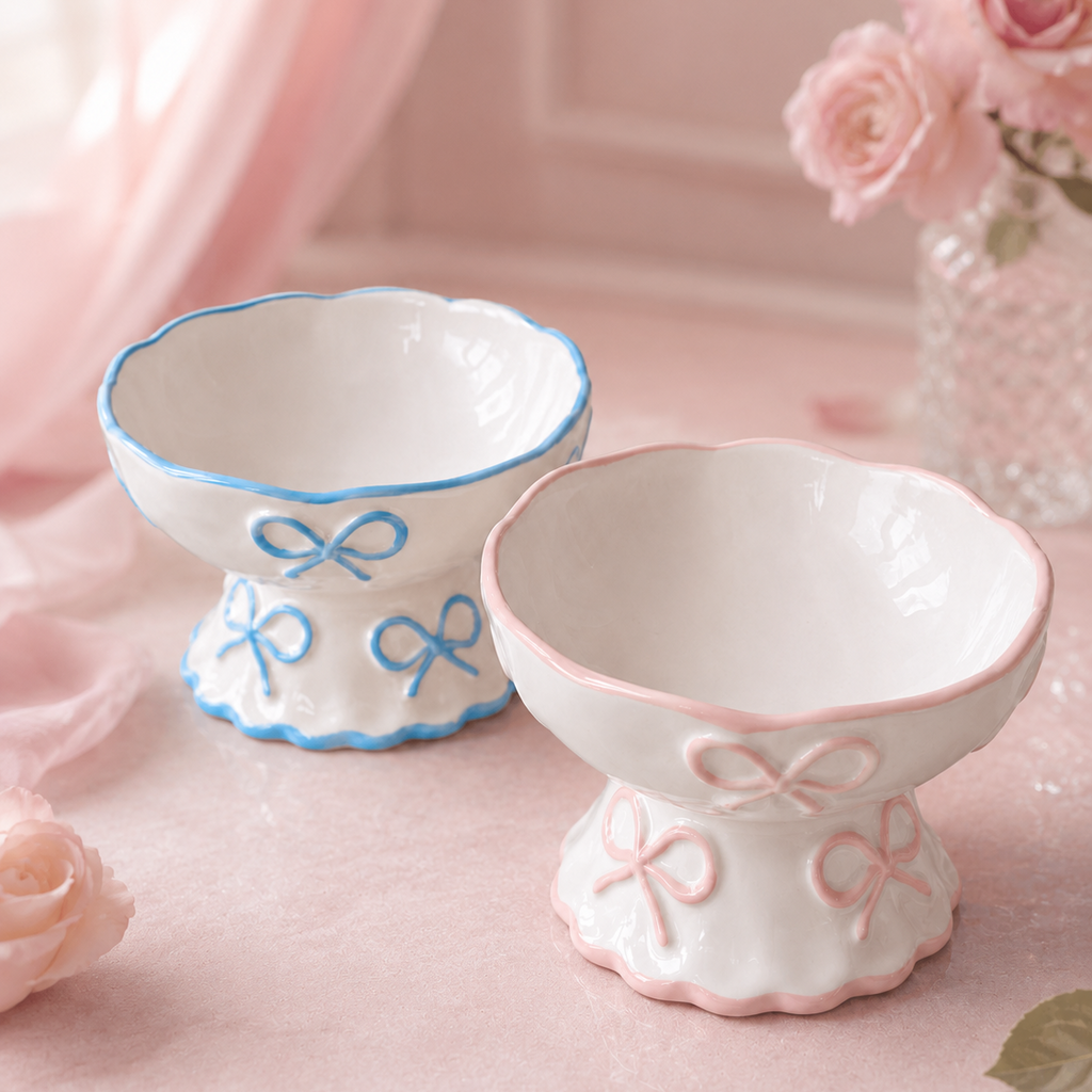 Elevated White Ceramic Bowl with Bow Accent - Dog Cat - (Blue, Pink) - (While Supplies Last)