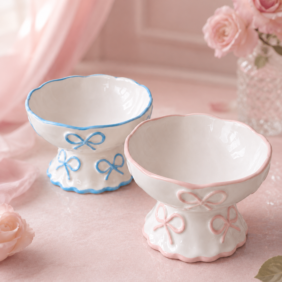 Elevated White Ceramic Bowl with Bow Accent - Dog Cat - (Blue, Pink) - (While Supplies Last)