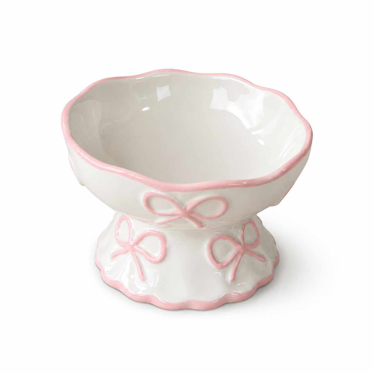 Elevated White Ceramic Bowl with Bow Accent - Dog Cat - (Blue, Pink) - (While Supplies Last)
