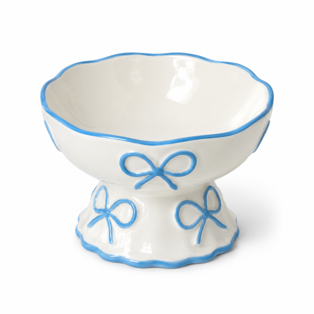 Elevated White Ceramic Bowl with Bow Accent - Dog Cat - (Blue, Pink) - (While Supplies Last)