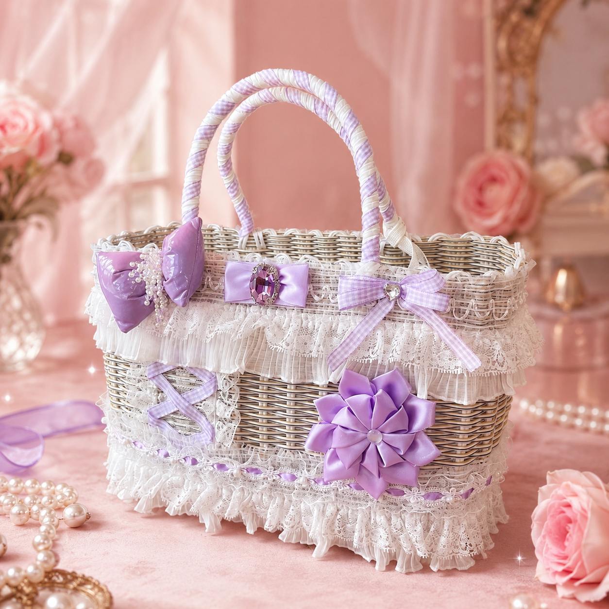 Wicker Pet Carrier Basket - Princess Dog Cat - (Princess Style) - (Lavender) - ( Lace Trim) - (While Supplies Last)