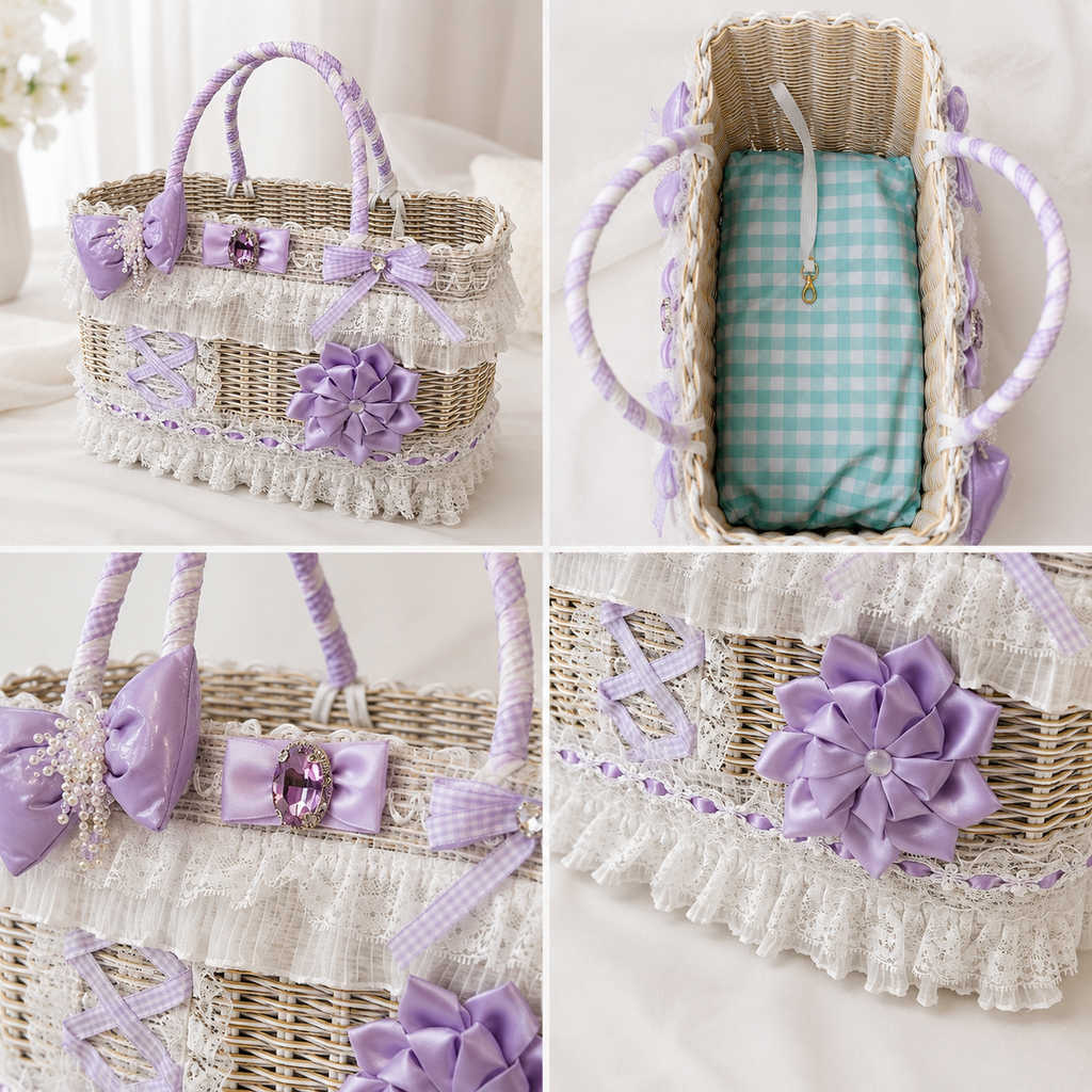 Wicker Pet Carrier Basket - Princess Dog Cat - (Princess Style) - (Lavender) - ( Lace Trim) - (While Supplies Last)