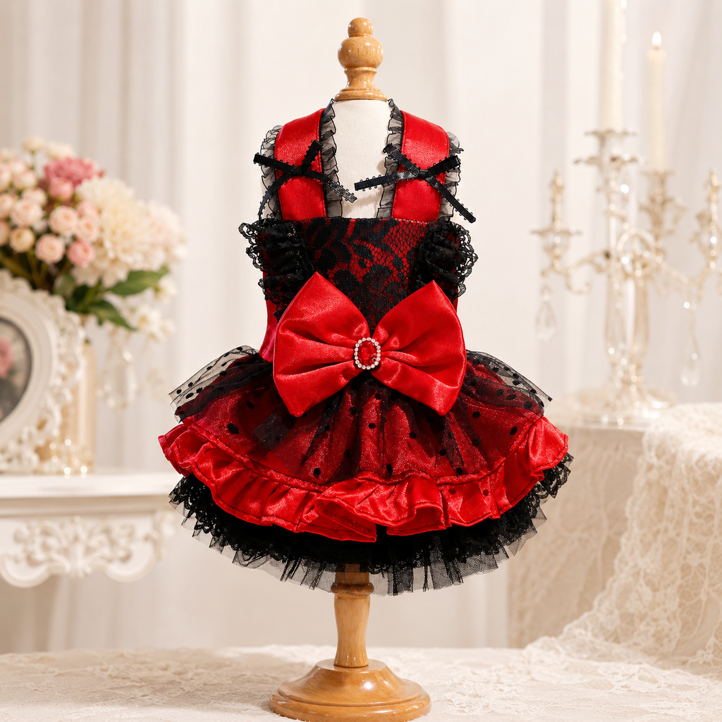 Elegant Gothic Lace Dress - Dog - (Red & Black) - XS-XL) and Customizable - (While Supplies Last)