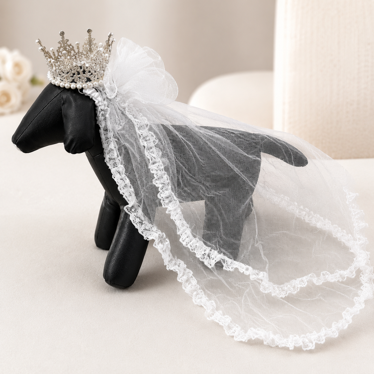 2-pc Set - Luxury Bridal Veil with Pearl Tiara Crown - Dog Cat - (S, L) - (White) - (While Supplies Last)