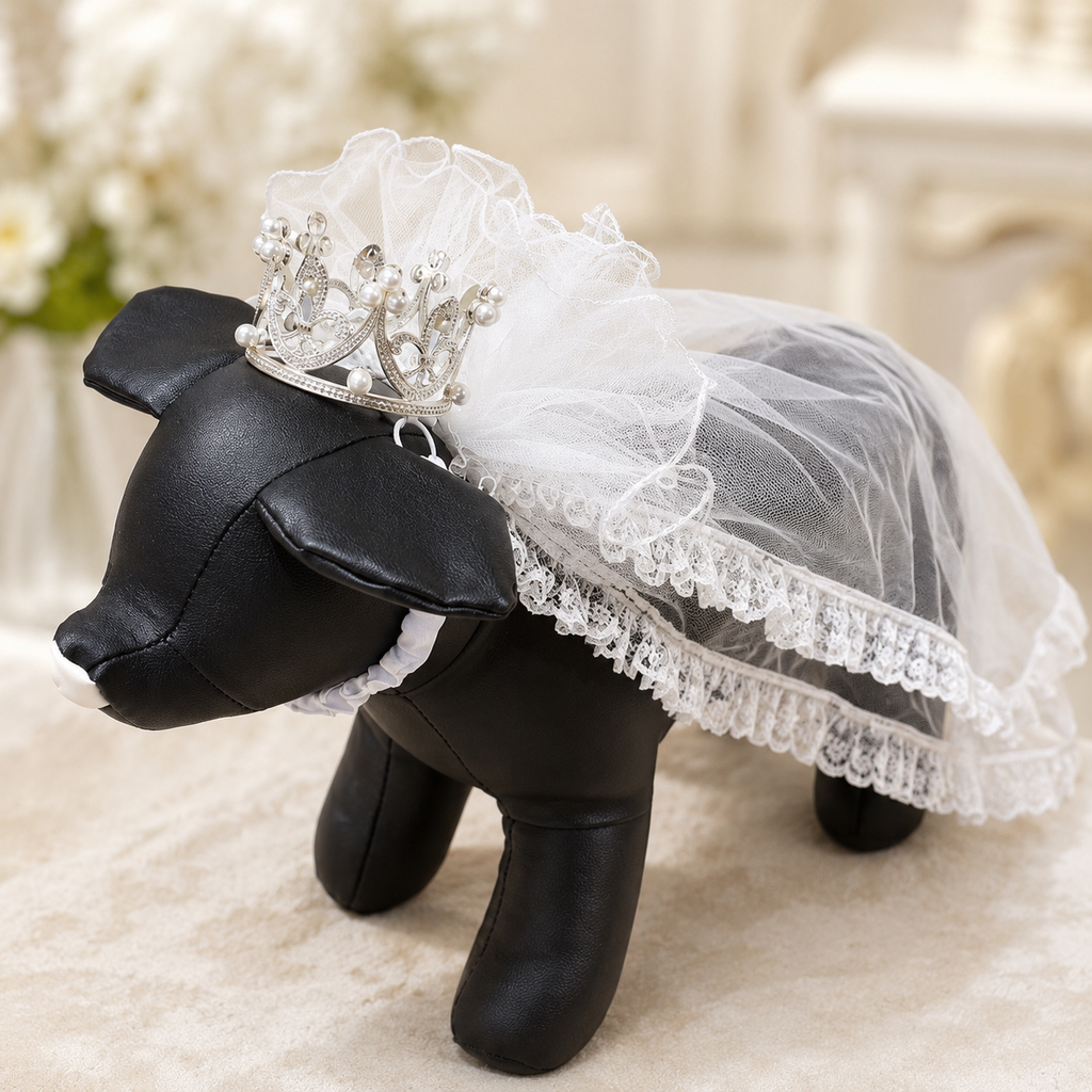 2-pc Set - Luxury Bridal Veil with Pearl Tiara Crown - Dog Cat - (S, L) - (White) - (While Supplies Last)
