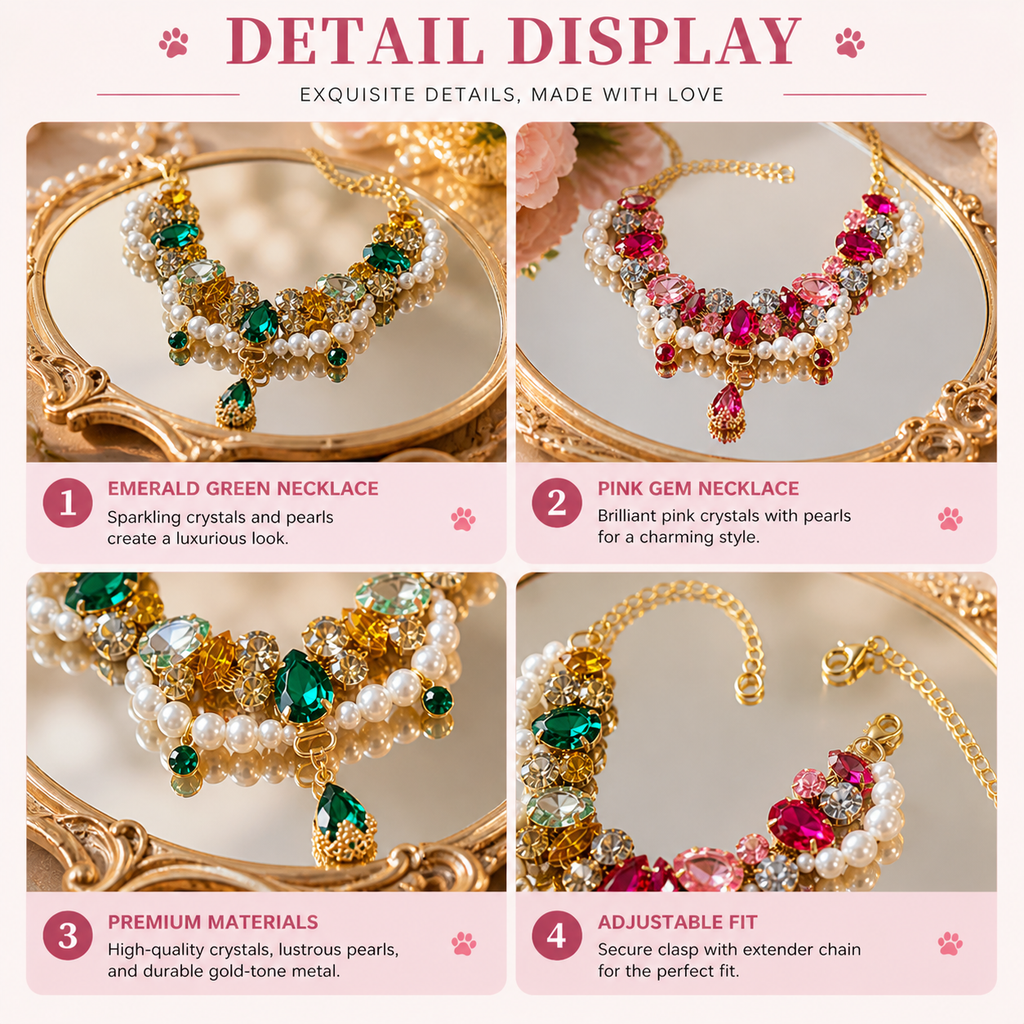 Luxury Crystal Pearl Designer Necklace or Jewelry Collar - (One Size)  (Hot Pink, Green) - Princess Dog - (While Supplies Last)