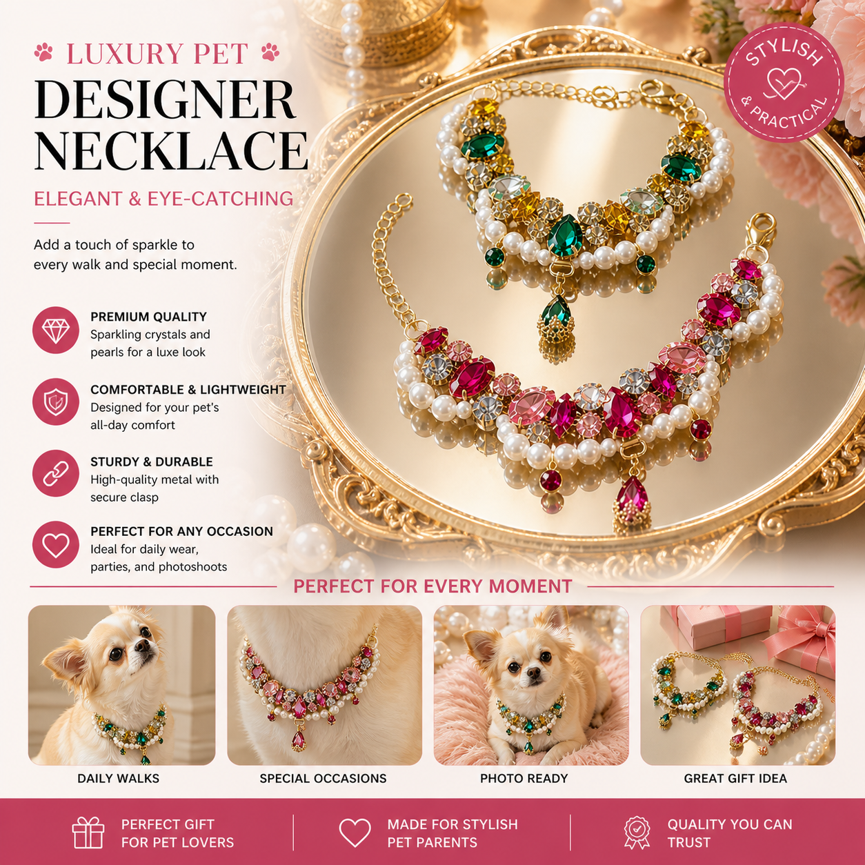 Luxury Crystal Pearl Designer Necklace or Jewelry Collar - (One Size)  (Hot Pink, Green) - Princess Dog - (While Supplies Last)