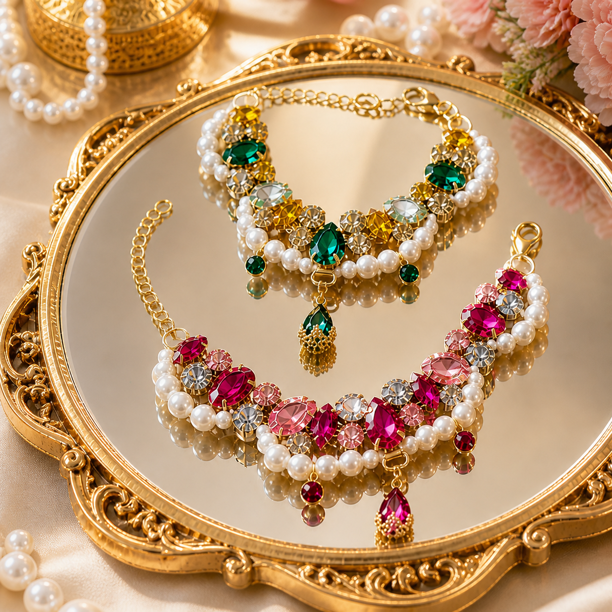Luxury Crystal Pearl Designer Necklace or Jewelry Collar - (One Size)  (Hot Pink, Green) - Princess Dog - (While Supplies Last)