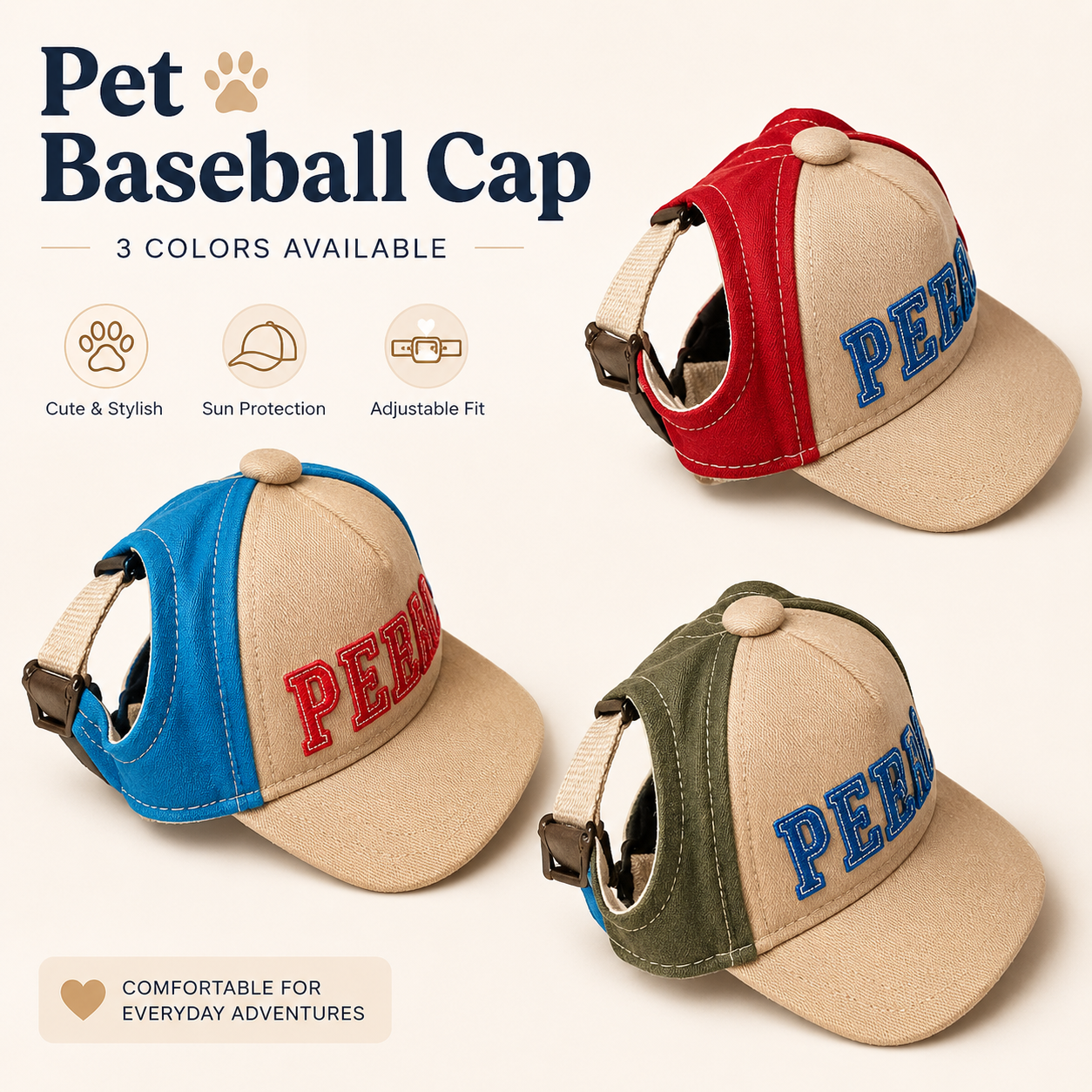 Adjustable Baseball Cap with Ear Holes - (3 Color Styles) (Sm & Lg)  - Dog Cat  (While Supplies Last)