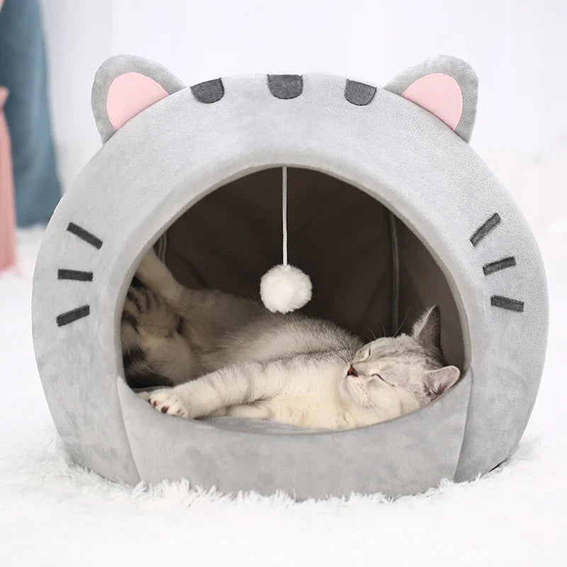 Cute and Cozy Cat Shaped Bed Includes Interactive Toy - Cat  - (S,M, Big) - (Grey) - (While Supplies Last)
