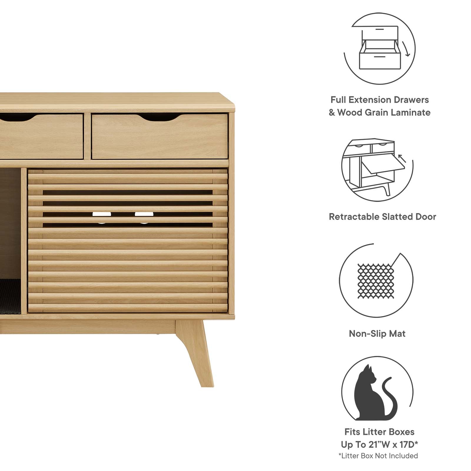 Render Cat Oak Cabinet and Litter Box Enclosure - Cat - (Mid-century Design) -  (Modway) - (While Supplies Last)