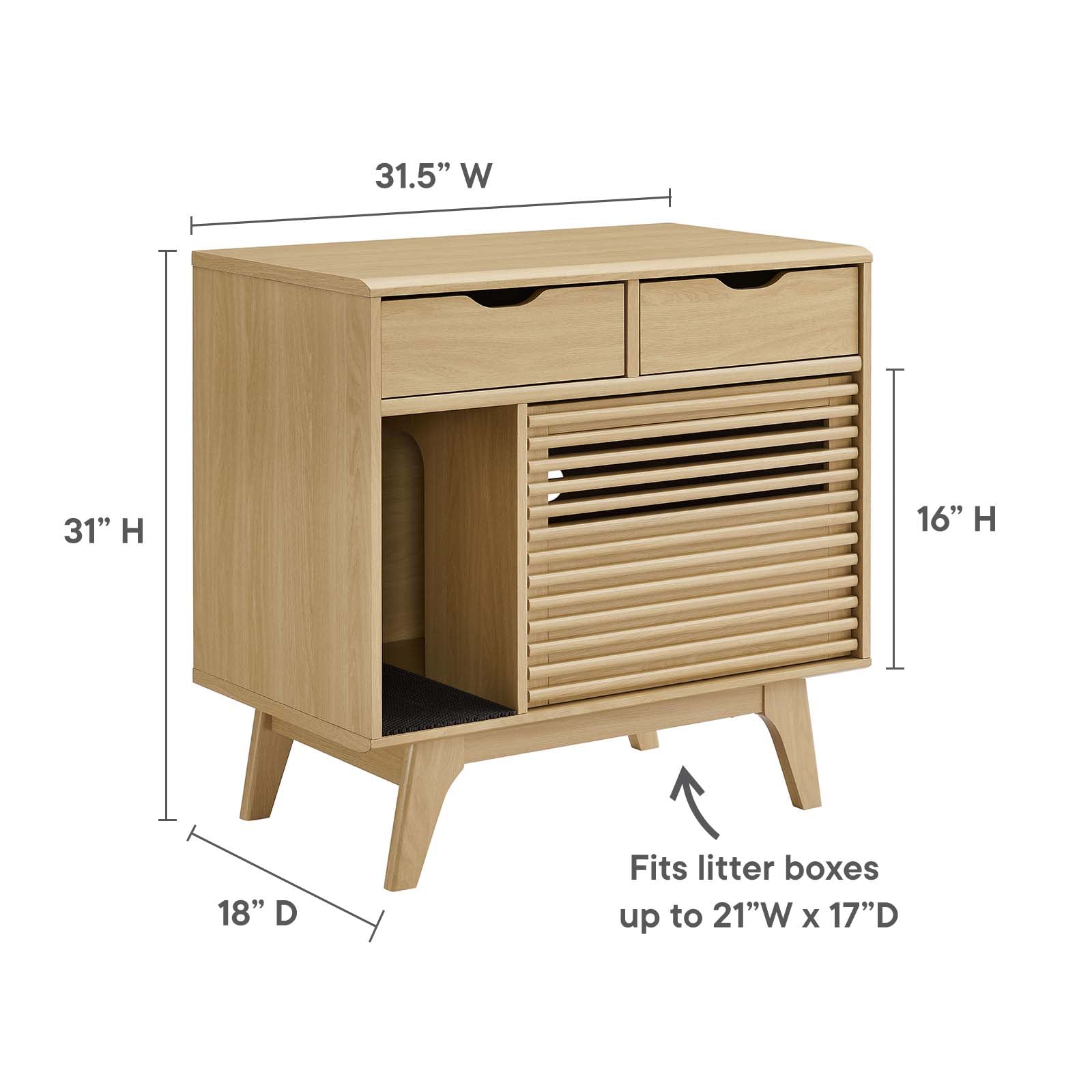 Render Cat Oak Cabinet and Litter Box Enclosure - Cat - (Mid-century Design) -  (Modway) - (While Supplies Last)