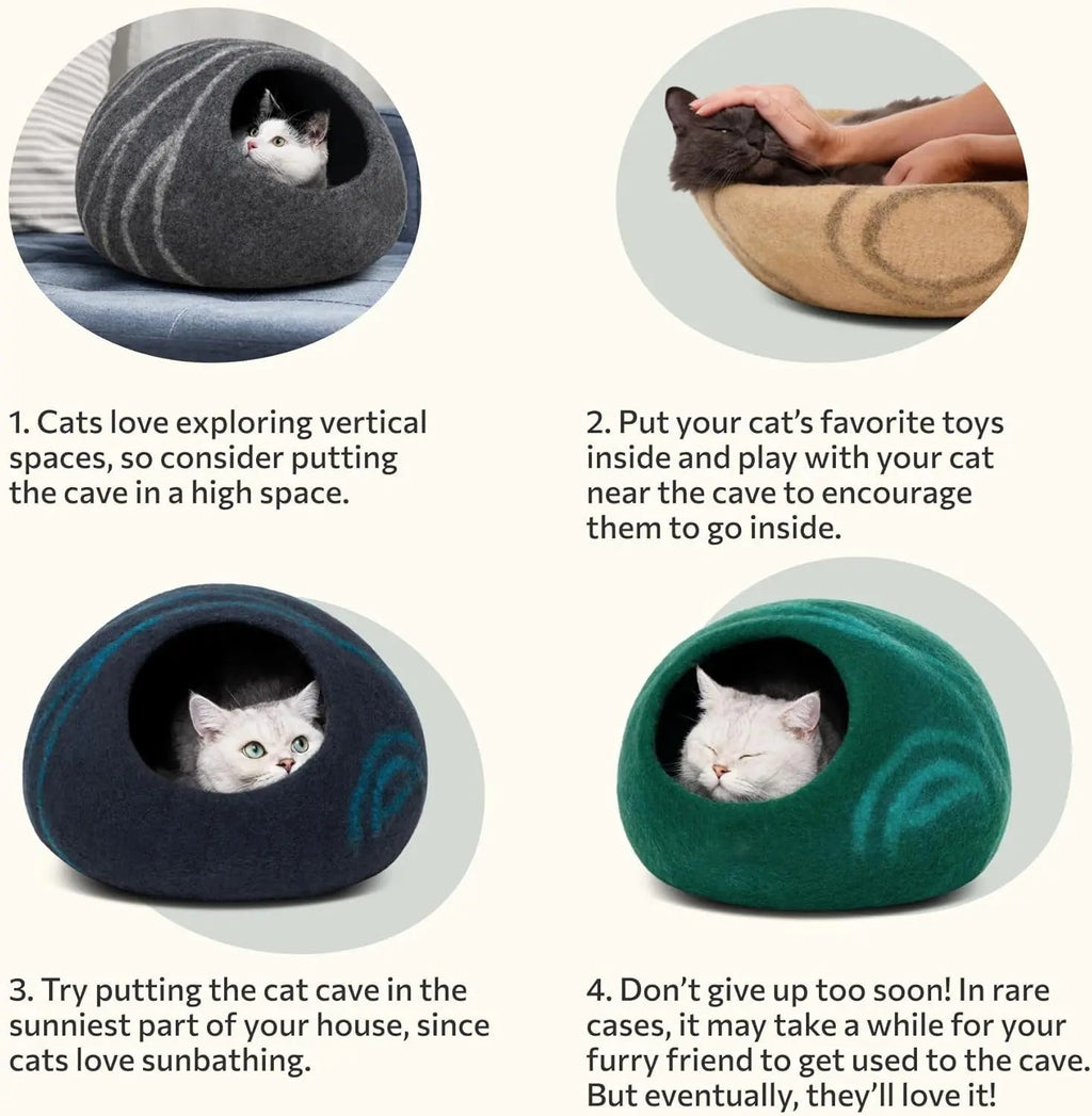 Eco-Friendly Cozy Cave  – Cat - ( Handmade 100% Merino Wool Felt Hideout) - (M,L) - (4 Color Options) - ( While Supplies Last)