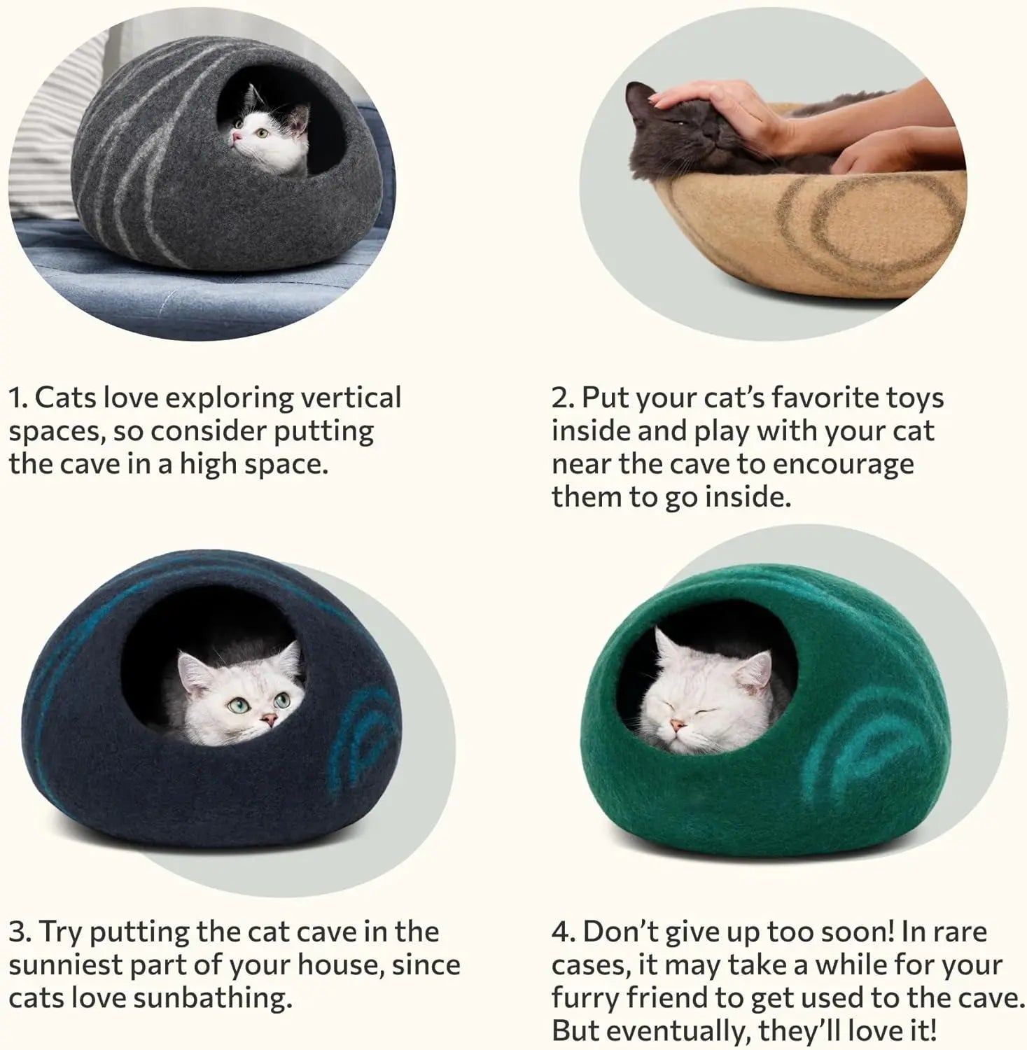 Eco-Friendly Cozy Cave  – Cat - ( Handmade 100% Merino Wool Felt Hideout) - (M,L) - (4 Color Options) - ( While Supplies Last)