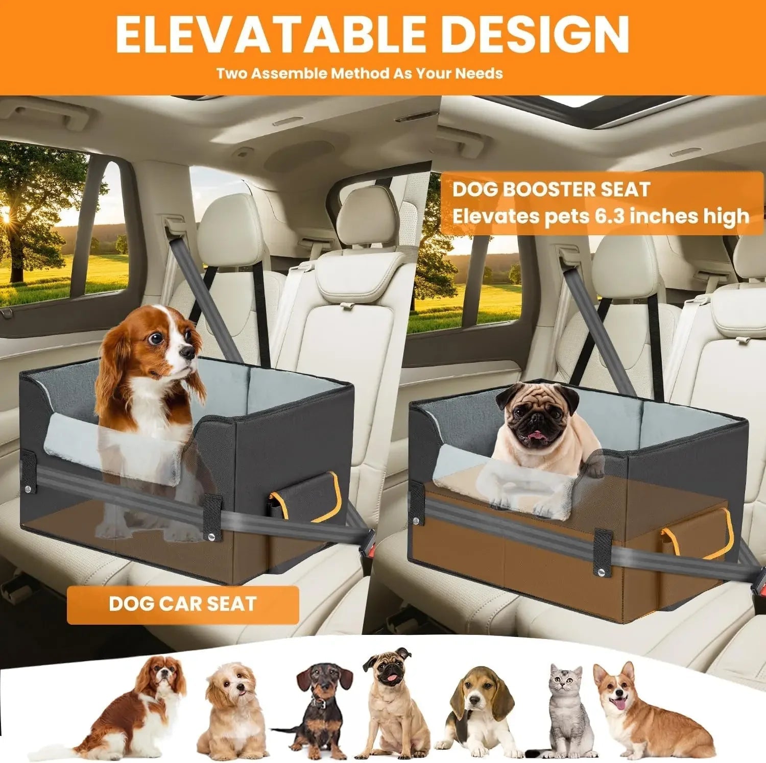 Elevated Pet Travel Car Seat Booster Bed - Dog Cat - (Plush) - (3 Color Options) - (S-XL) - (While Supplies Last)