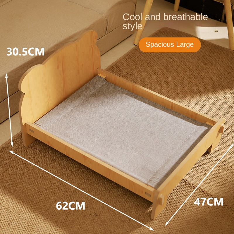 Solid Wood Teddy Bear Bed  - Dog Cat - (Cartoon Bedding Set ) - (S) - (Light Pine) - (Quality)