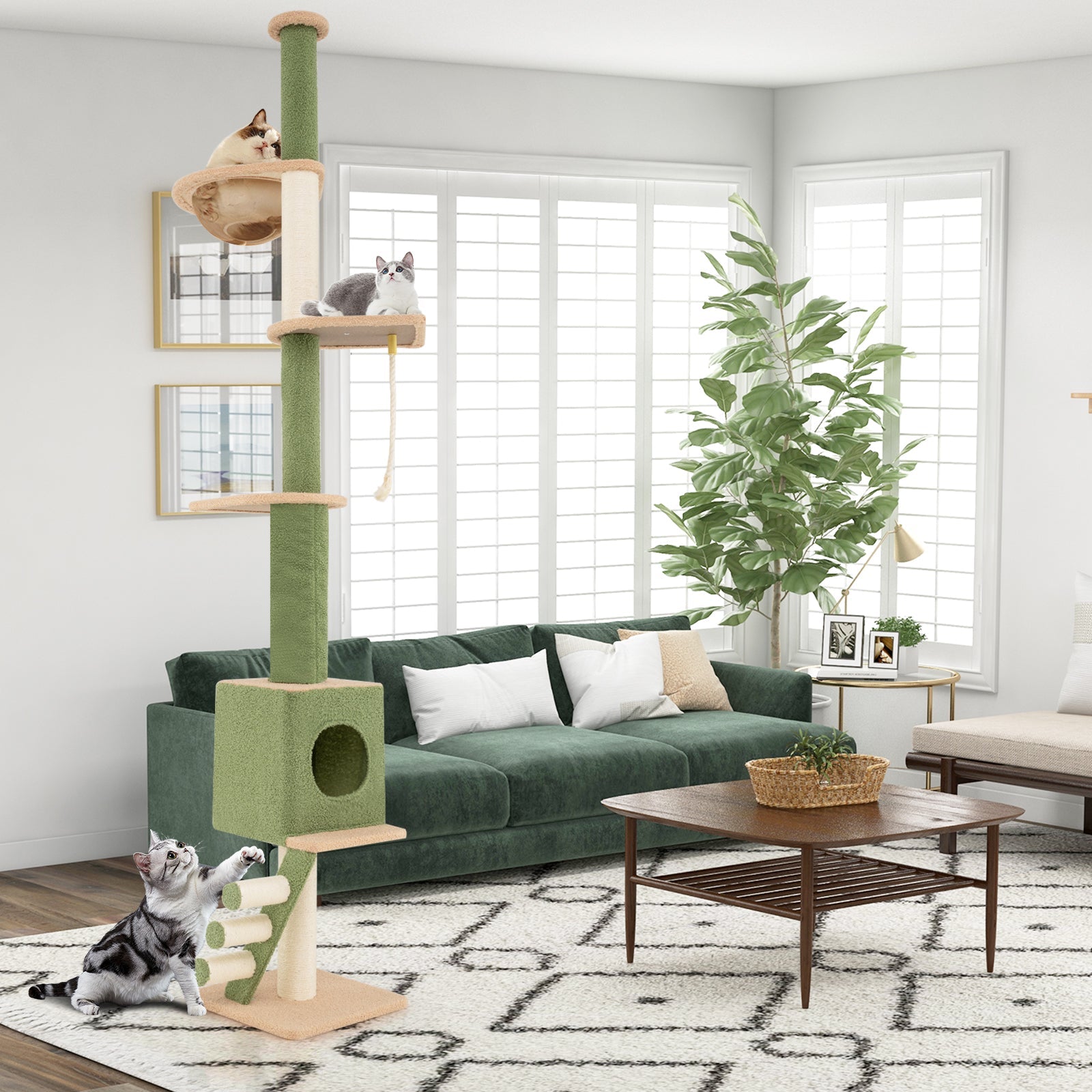 Floor to Ceiling Green Cat Tree with Extra Post