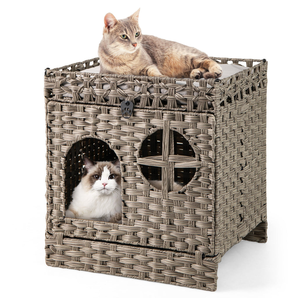Enclosed Foldable Rattan Litter Box with a Mat - Cat - (Brown, Grey - (While Supplies Last)