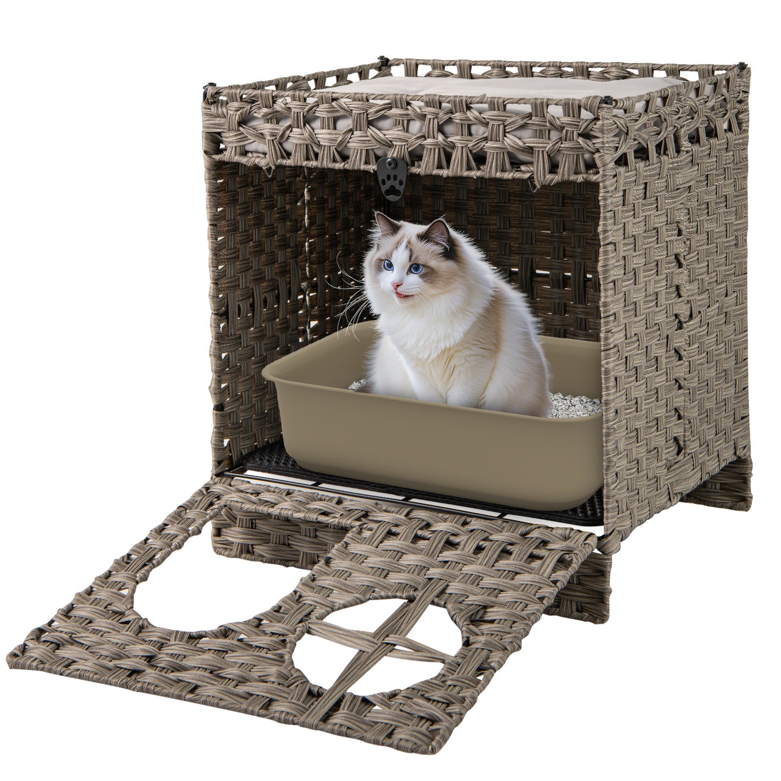 Enclosed Foldable Rattan Litter Box with a Mat - Cat - (Brown, Grey - (While Supplies Last)