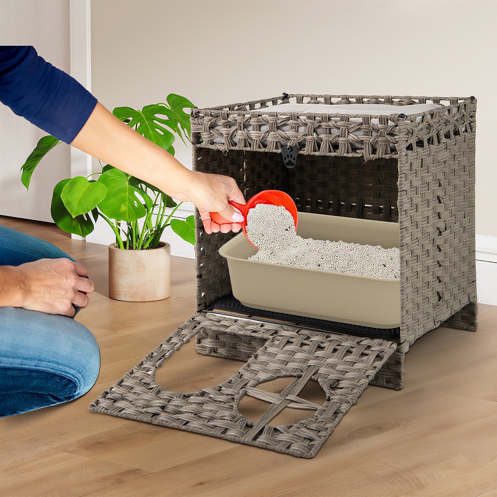 Enclosed Foldable Rattan Litter Box with a Mat - Cat - (Brown, Grey - (While Supplies Last)