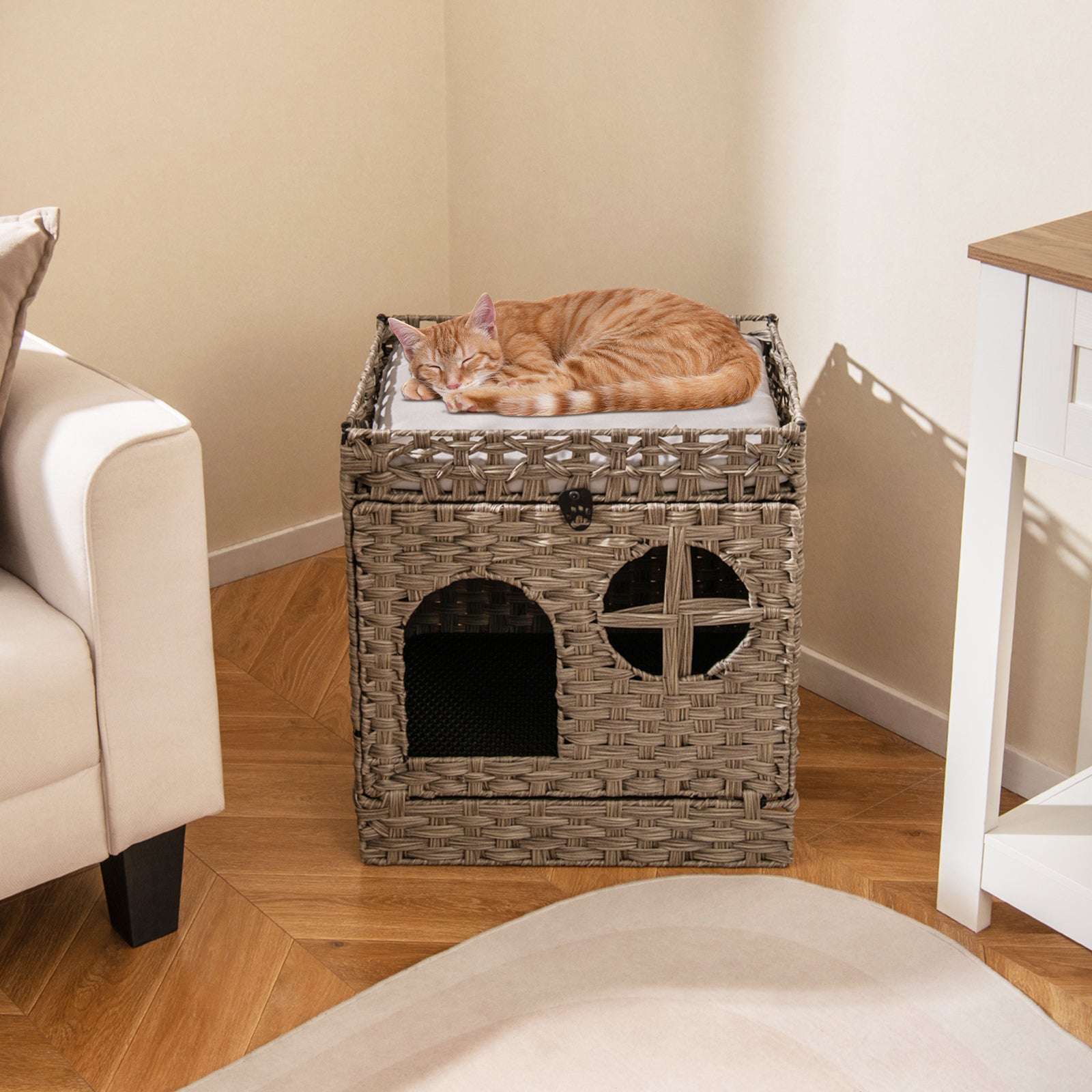 Enclosed Foldable Rattan Litter Box with a Mat - Cat - (Brown, Grey - (While Supplies Last)