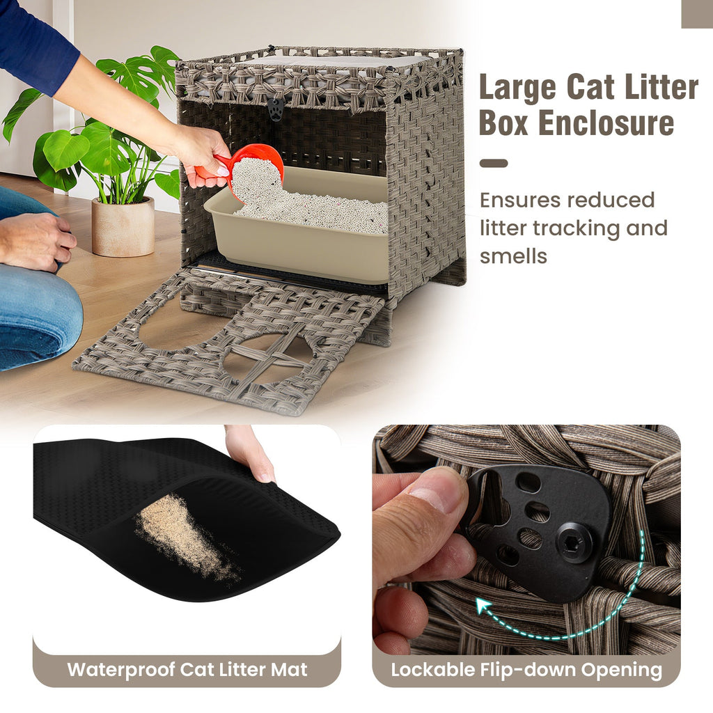 Enclosed Foldable Rattan Litter Box with a Mat - Cat - (Brown, Grey - (While Supplies Last)