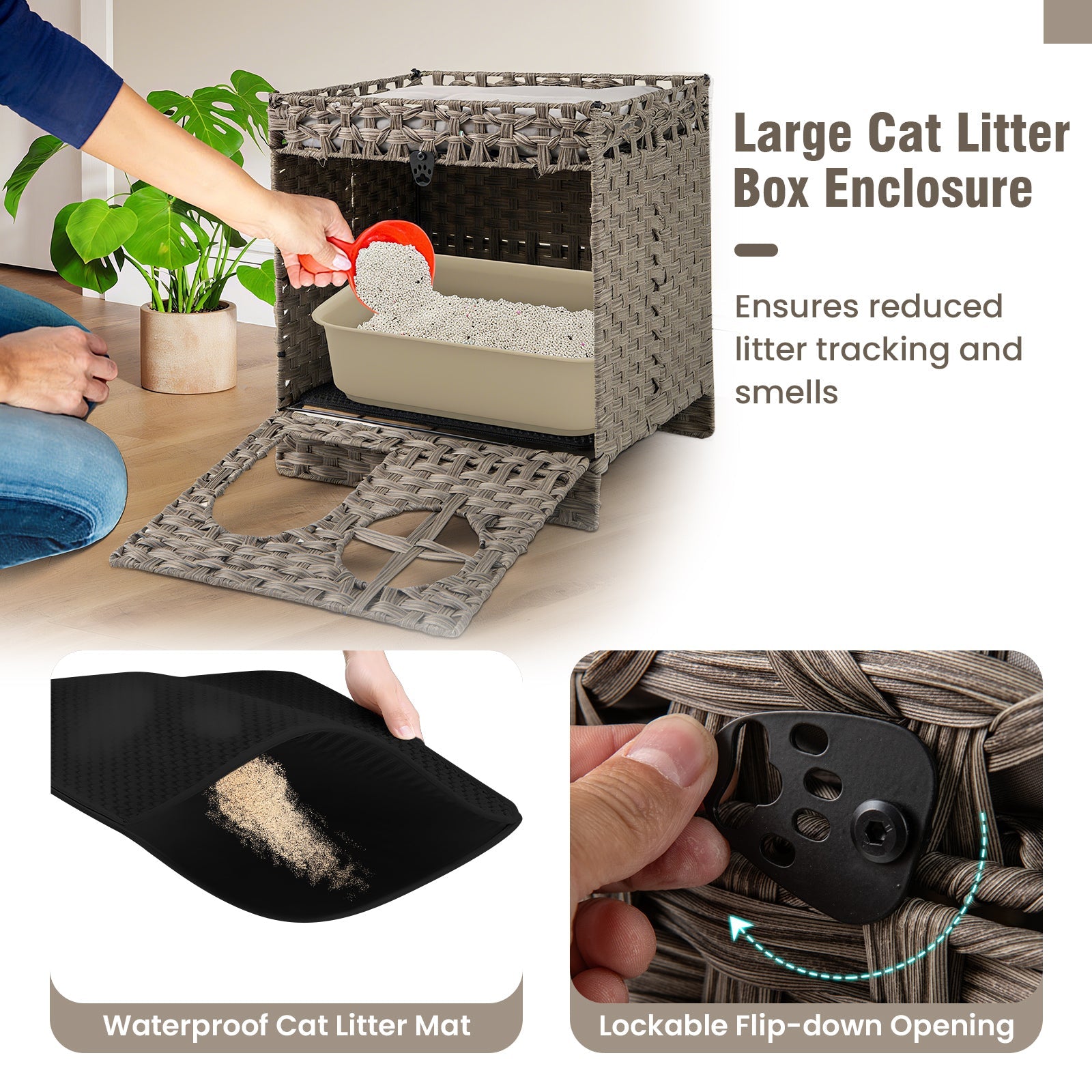 Enclosed Foldable Rattan Litter Box with a Mat - Cat - (Brown, Grey - (While Supplies Last)