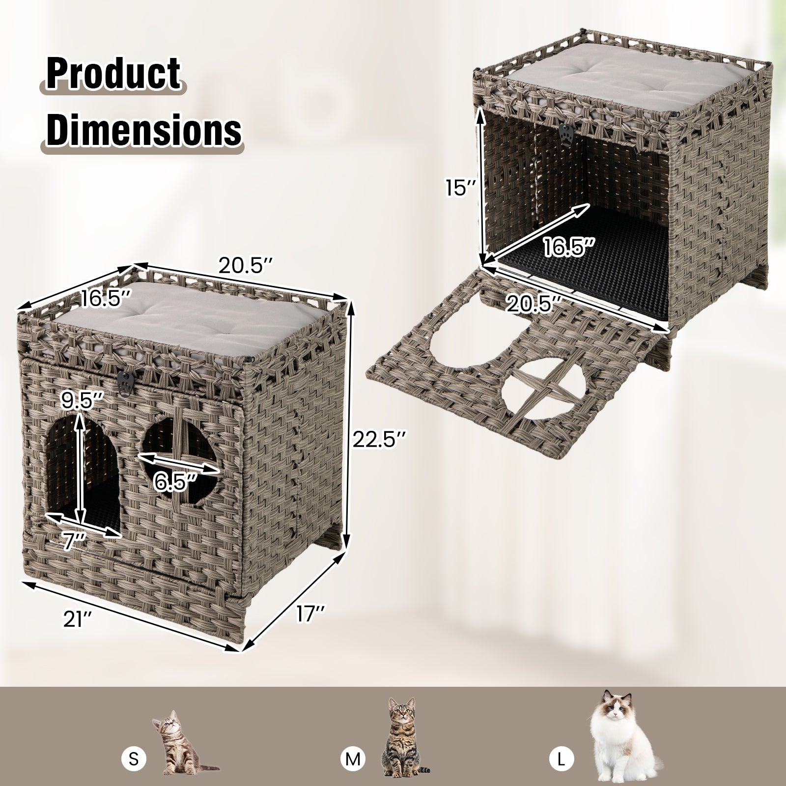 Enclosed Foldable Rattan Litter Box with a Mat - Cat - (Brown, Grey - (While Supplies Last)