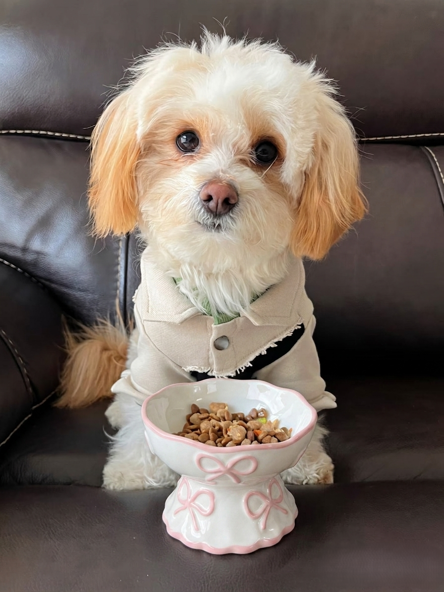 Elevated White Ceramic Bowl with Bow Accent - Dog Cat - (Blue, Pink) - (While Supplies Last)