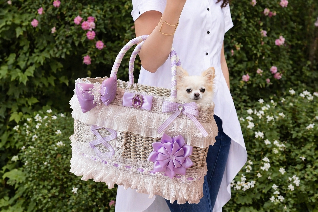 Wicker Pet Carrier Basket - Princess Dog Cat - (Princess Style) - (Lavender) - ( Lace Trim) - (While Supplies Last)