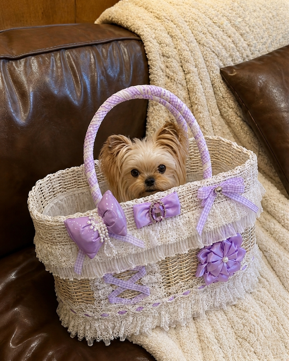 Wicker Pet Carrier Basket - Princess Dog Cat - (Princess Style) - (Lavender) - ( Lace Trim) - (While Supplies Last)