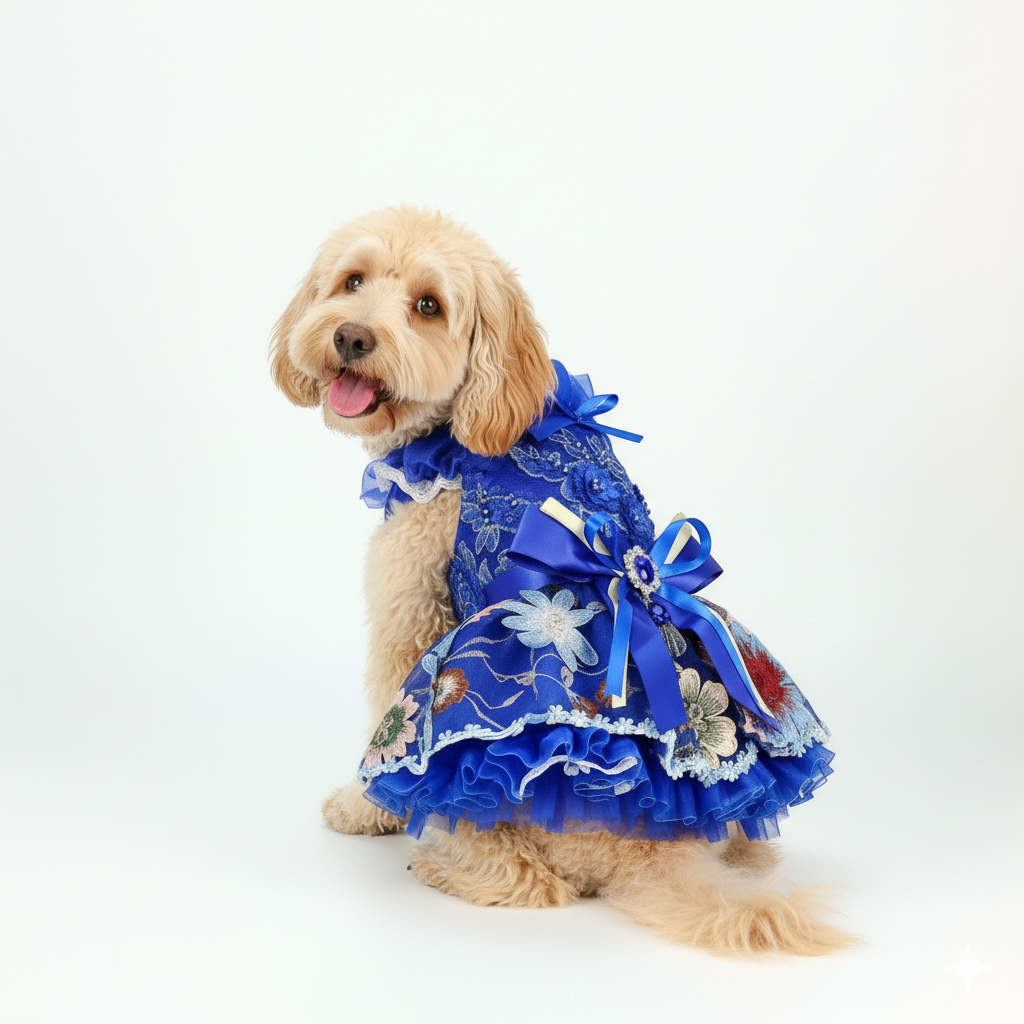 Elegant Floral Blossom Tulle Dress - Dog (Royal Blue) - (XS-XL) and Customizable - (While Supplies Last)