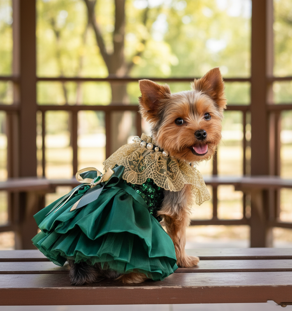 Velvet Pearl and Tulle Dress - Dog (Emerald Green) -(XS-XL) and Customizable - (While Supplies Last)