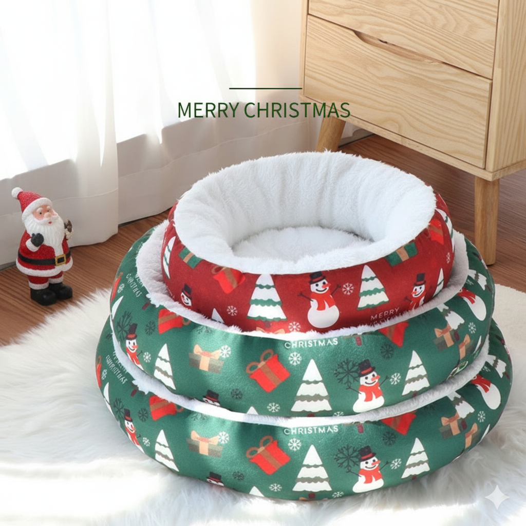 Round Cozy Christmas Bed - Dog Cat