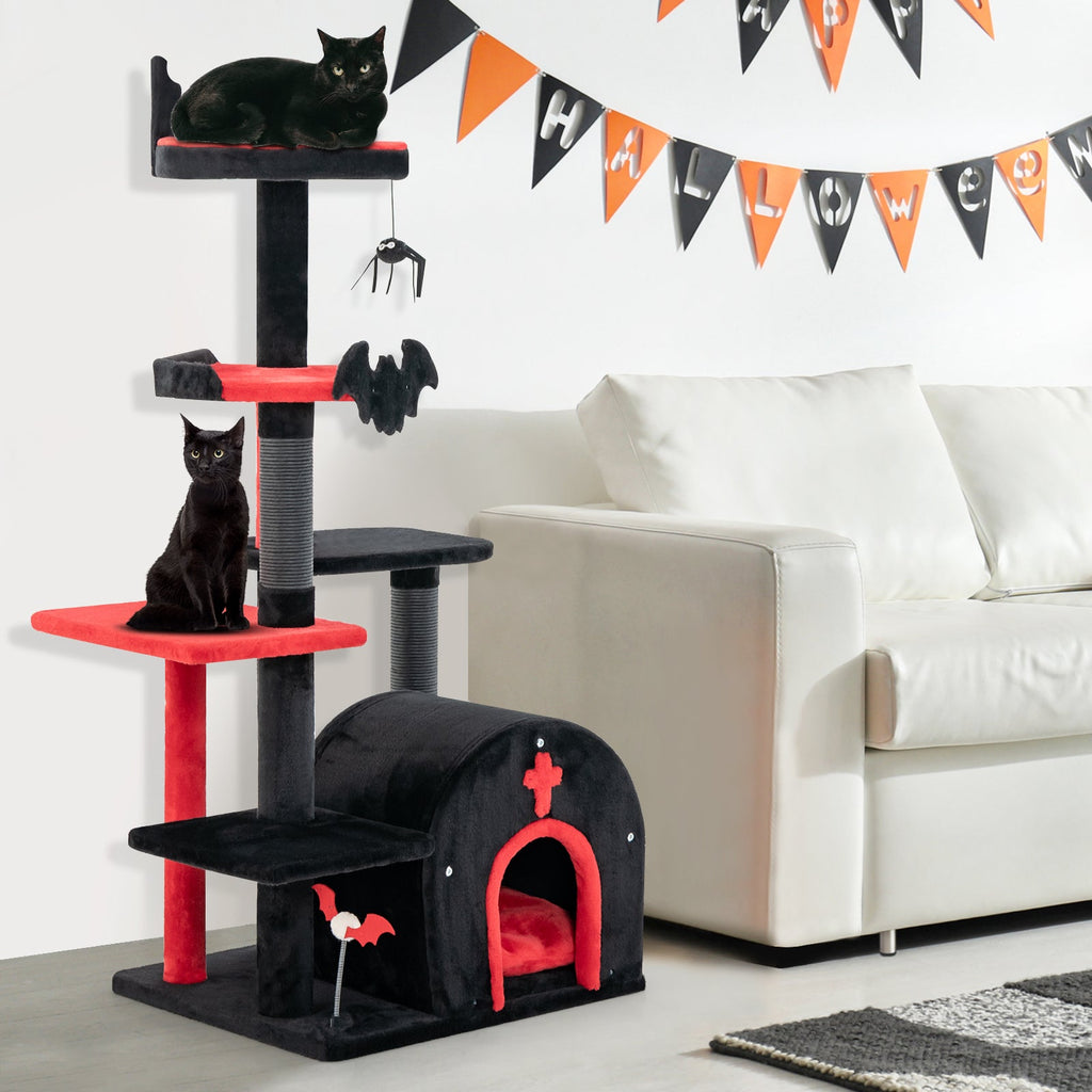 Gothic 53" Tree Tower with Arch-Shaped Condo and Pom Pom Toy Spider - Cat - (Black) - (Wide Perch)