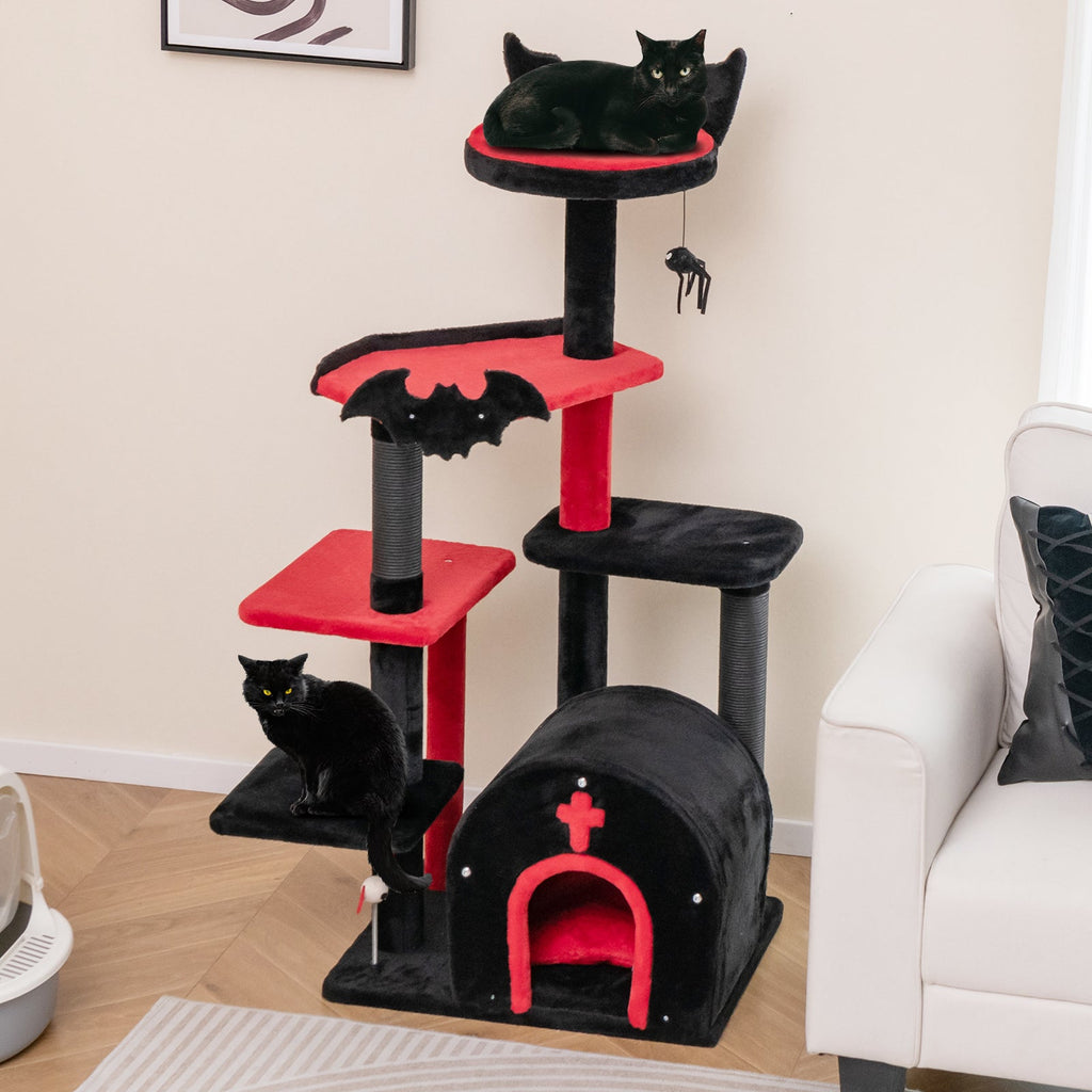 Gothic 53" Tree Tower with Arch-Shaped Condo and Pom Pom Toy Spider - Cat - (Black) - (Wide Perch)
