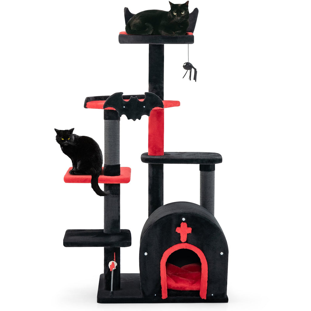 Gothic 53" Tree Tower with Arch-Shaped Condo and Pom Pom Toy Spider - Cat - (Black) - (Wide Perch)