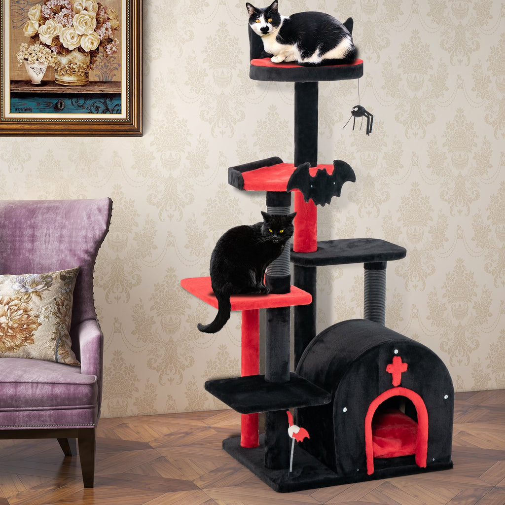 Gothic 53" Tree Tower with Arch-Shaped Condo and Pom Pom Toy Spider - Cat - (Black) - (Wide Perch)